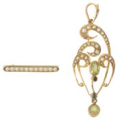 An Edwardian peridot, half pearl and yellow gold pendant, of openwork scrolling design