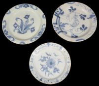 Three early 18th century English Delft plates c.1730