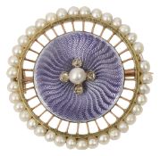 An early 20th c. enamel and seed pearl brooch, of circular openwork design