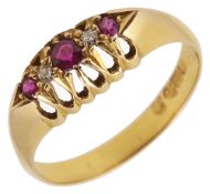 An Edwardian 18ct gold ruby and diamond gypsy ring