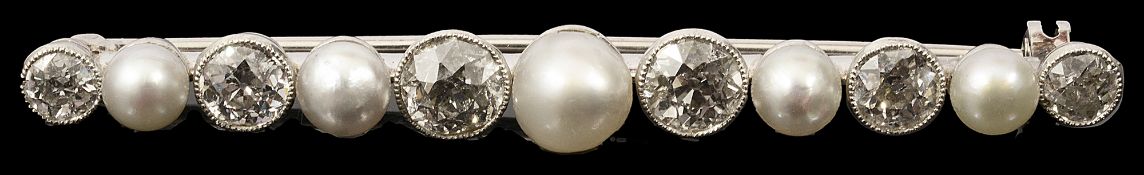 A diamond-set and pearl bar brooch