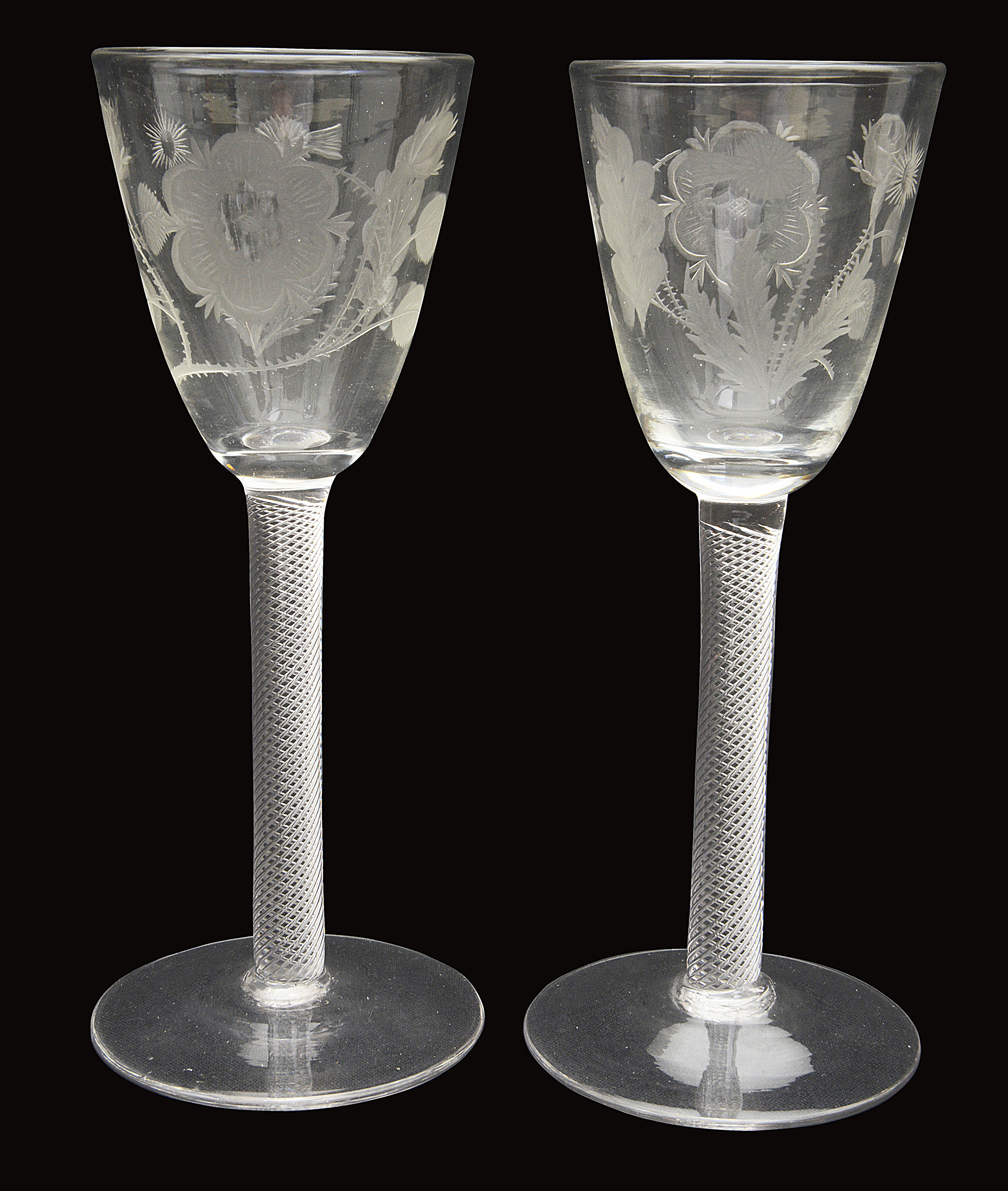 A pair of 18th century style Jacobite engraved air twist wine glasses