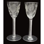 A pair of 18th century style Jacobite engraved air twist wine glasses