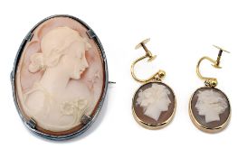 A pair of cameo earrings and cameo brooch