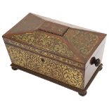 A George IV rosewood and cut brass inlaid sarcophagus tea caddy