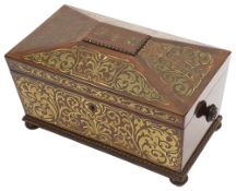 A George IV rosewood and cut brass inlaid sarcophagus tea caddy