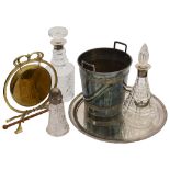 A collection of items to include two silver mounted crystal decanters