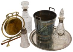 A collection of items to include two silver mounted crystal decanters
