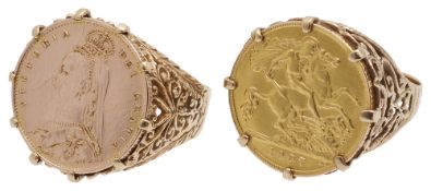 Two 9ct mounted half sovereign rings