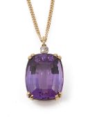 A large amethyst and diamond set pendant on chain