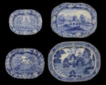 Four early 19th century blue and white printed meat serving plates,
