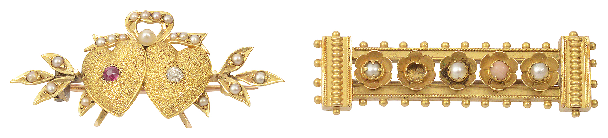 Two late Vict. gem-set and yellow gold bar brooches
