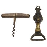 An Edwardian silver cased folding brass pocket corkscrew