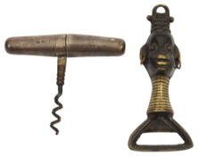 An Edwardian silver cased folding brass pocket corkscrew