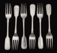 A set of six early Victorian Irish silver fiddle pattern dessert forks