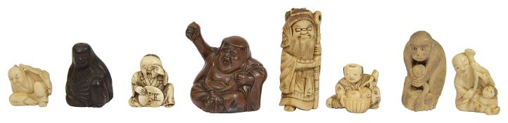 A collection of seven Japanese netsuke, together with a miniature bronze figure of hotei