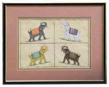 Indian School 19th c. Quartered study of four elephants wearing saddlecloths, gouache on laid paper