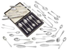 A mixed lot of Edwardian and later silver to include set of spoons, sugar tongs and other items