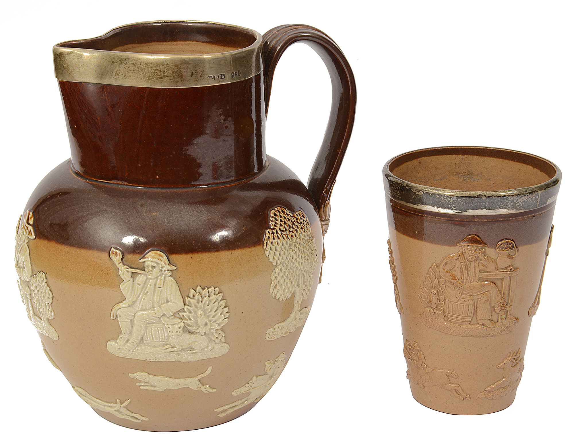 A Victorian silver mounted Doulton Lambeth salt glazed stoneware ale jug and beaker