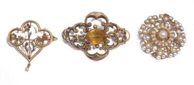Three late Victorian/early 20th century yellow gold brooches