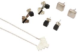 A Georg Jensen Aria silver and onyx pendant necklace and earring set