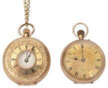 A Continental ladies half hunter pocket watch on a 9ct chain and another ladies fob watch