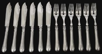 A set of six Austrian .800 silver fish knives and forks