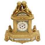 A late 19th French Louis XVI style ormolu mounted Sevres style porcelain mantle clock