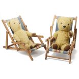 A delightful pair of vintage miniature beech wood deck chairs