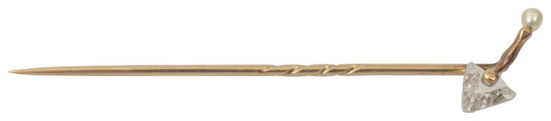 An unusual late Victorian/ Edwardian diamond and pearl stick pin