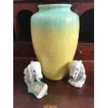 RUSKIN POTTERY VASE, APPROXIMATELY 25cm HIGH, AND TWO POTTERY DALMATIAN TYPE DOGS STAMPED GERMANY,