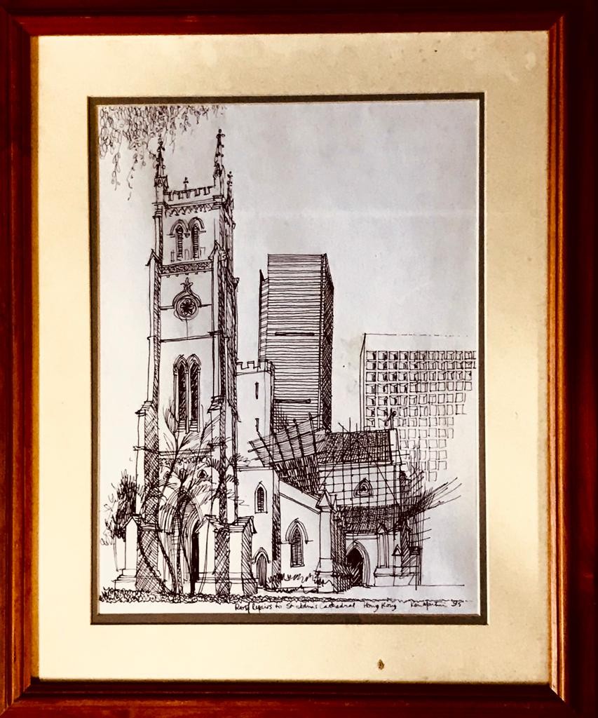 KEN MARTIN, 'ROOF REPAIRS TO ST JOHN'S CATHEDRAL HONG KONG', 1995, PEN AND INK DRAWING, SIGNED LOWER