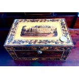 TUNBRIDGE WARE TOPOGRAPHICAL SEWING BOX AND CONTENTS, APPROXIMATELY 23 x 15 x 11cm