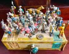 APPROXIMATELY TWENTY-EIGHT METAL FIGURES CONTAINED WITHIN OLD CIGAR BOX