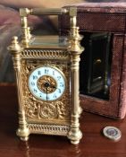 GOOD QUALITY FRENCH GILDED CARRIAGE CLOCK AND CASE, ENGRAVED 18th APRIL 'NELL' 1894