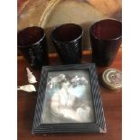 SMALL PRINT, THREE VICTORIAN GLASSES, MEASURING TAPE AND FOUR SMALL IVORY ANIMAL/BIRD FIGURES