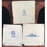 THREE EARLY DUTCH DELFT TILES, TWO APPROXIMATELY 12.5cm, ONE APPROXIMATELY 10.5 x 12.5m