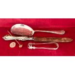 SILVER SUGAR TONGS, STICK PIN AND PLATED CRUMB SCOOP PLUS BREAD KNIFE