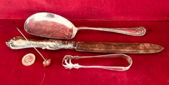 SILVER SUGAR TONGS, STICK PIN AND PLATED CRUMB SCOOP PLUS BREAD KNIFE