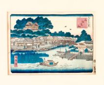 PAIR OF EARLY 20th CENTURY PRINTS- 'LAKE IN TOKYO' AND 'JAPANESE PARK WITH TRAVELLERS', FRAMED AND