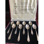 CASED SET OF EIGHT HALLMARKED EXAMPLE COFFEE SPOONS WITH DIFFERENT EXAMPLE HALLMARKS, MAKER'S TW &