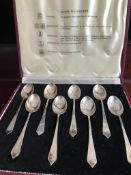 CASED SET OF EIGHT HALLMARKED EXAMPLE COFFEE SPOONS WITH DIFFERENT EXAMPLE HALLMARKS, MAKER'S TW &