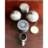 FIVE EASTERN SILVER COLOURED METAL ITEMS- FOUR PILL BOXES AND RING, POSSIBLY CORAL SET, GROSS WEIGHT