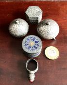 FIVE EASTERN SILVER COLOURED METAL ITEMS- FOUR PILL BOXES AND RING, POSSIBLY CORAL SET, GROSS WEIGHT