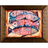 MARIE CORNER- 'FOUR FISH', ACRYLIC ON BOARD, UNSIGNED, APPROXIMATELY 22 x 29cm