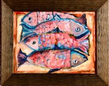 MARIE CORNER- 'FOUR FISH', ACRYLIC ON BOARD, UNSIGNED, APPROXIMATELY 22 x 29cm