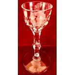 FINE FACET CUT STEM 18th CENTURY CORDIAL GLASS, FINE WHEEL ENGRAVED BOWL, APPROXIMATELY 15cm HIGH