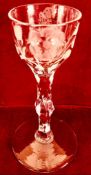 FINE FACET CUT STEM 18th CENTURY CORDIAL GLASS, FINE WHEEL ENGRAVED BOWL, APPROXIMATELY 15cm HIGH
