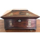 GOOD ROSEWOOD SARCOPHAGUS FORM TEA CHEST INLAID WITH BRASS AND CONTAINING TWO CADDIES AND GLASS