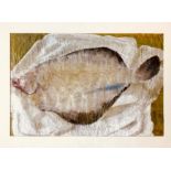 JIM MANLEY- 'PLAICE ON A WHITE BAG', MIXED MEDIA, SIGNED TO LEFT, APPROXIMATELY 36 x 53cm